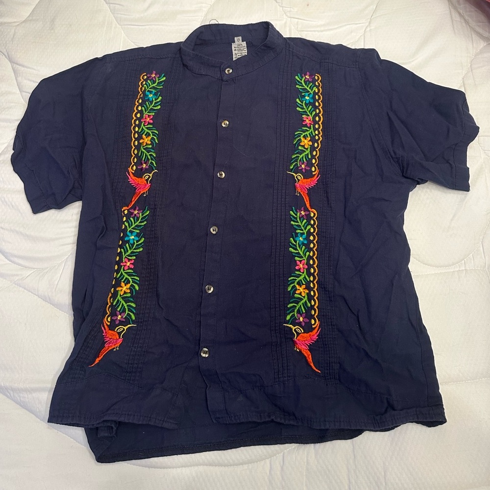 Navy Blue Embroidered Algodon Men's Shirt